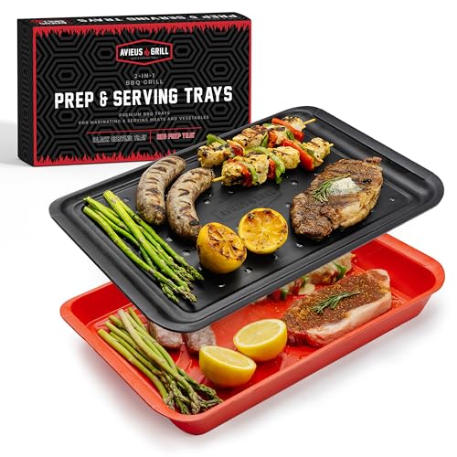 AVIEUS Grill Prep and Serve Trays | Set of 2 Stackable, Melamine Trays | Serving Tray & Marinating Tray | Serving Platter for Plating Food & BBQ Prep Tub for Marinating Meats | Grill Accessories |