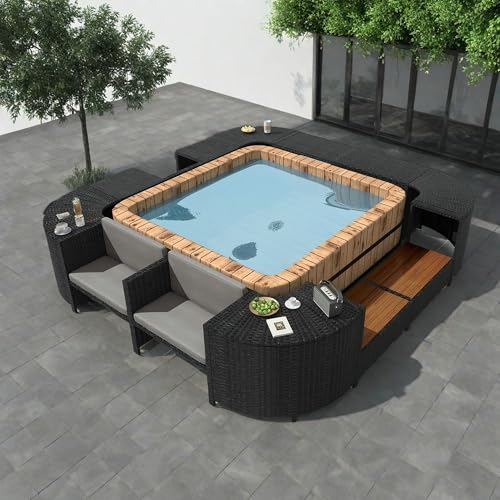 LUMISOL Spa Surround Spa Frame Quadrilateral Outdoor Rattan Sectional Sofa Set with Mini Sofa for Backyard Pool Grey