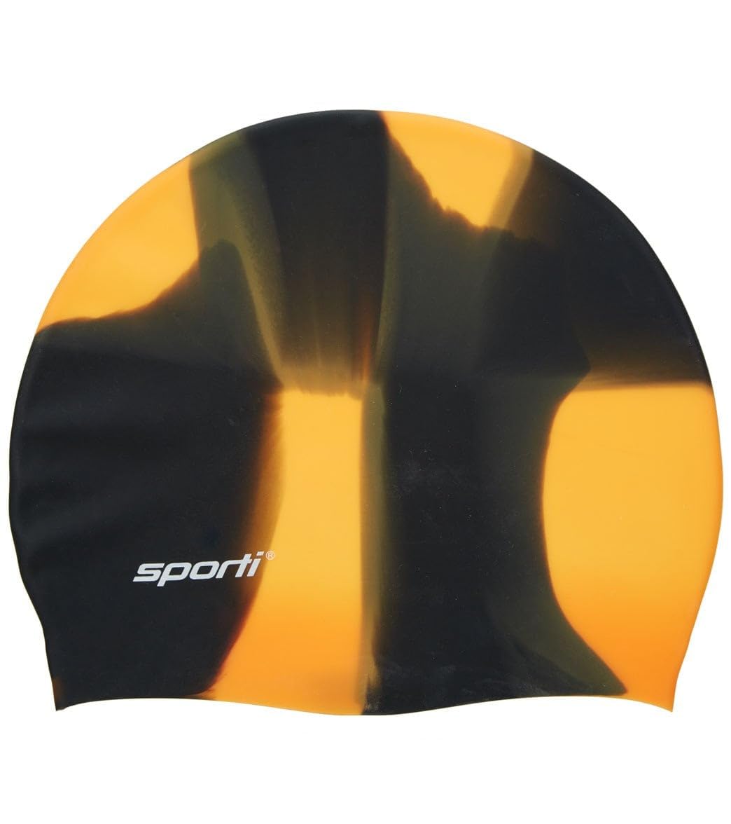 Sporti Multi Color Silicone Swim Cap - Black/Orange