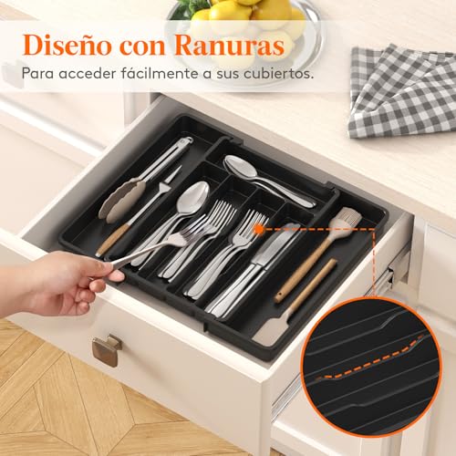 Miniatura 9 de Lifewit Organizador De Cubiertos Para Cajón Cocina, Bandeja Para Menaje Extensible, Cubertero Compacto Para Almacenar Cucharas, Tenedores Y Cuchillos, Ancho 24-41 X Fondo 34 Cm, Lote 1, Negro