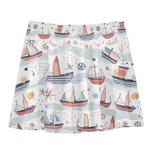 visesunny Girl's Golf Skirt Athletic Vector Line Sailboat Tennis Skort Sport Activewear with Double Layer Pockets