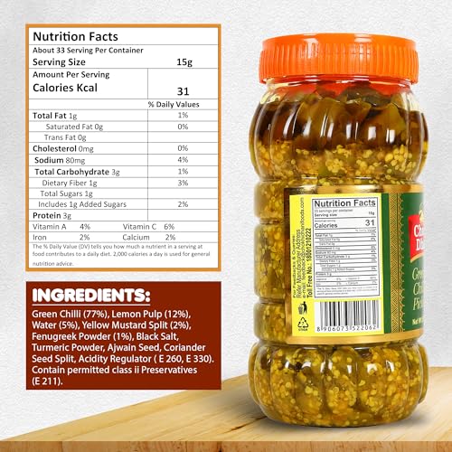 Image of Chokhi Dhani Green Chilli Pickle Pack of 2 (500g Each) | Hari Mirch Achar | Tangy & Spicy Indian Pickle | Traditional Homemade Style