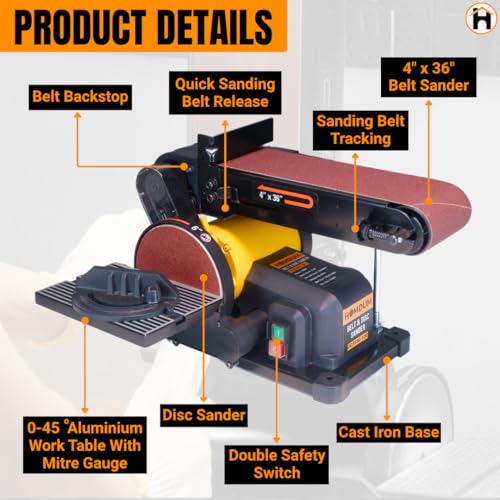 Image of Homdum 6-Inch Electric Belt & Disc Sander | 500W Bench Grinder Polisher | 2980RPM Metal Sanding Machine | Multipurpose Grinding Tool for Wood, Metal, Workshop & DIY