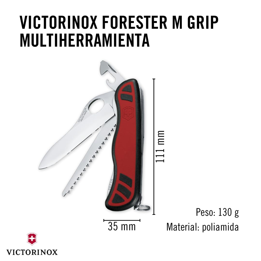 Victorinox Navaja suiza de bolsillo Forester M, 10 funciones, multiherramienta con hoja grande, abrelatas, destornillador 3 mm, para una mano, rojo/negro
