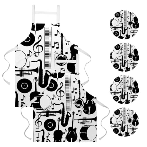 Tablier de serveuse pour cuisine et restaurant motif batterie de guitare et musique
