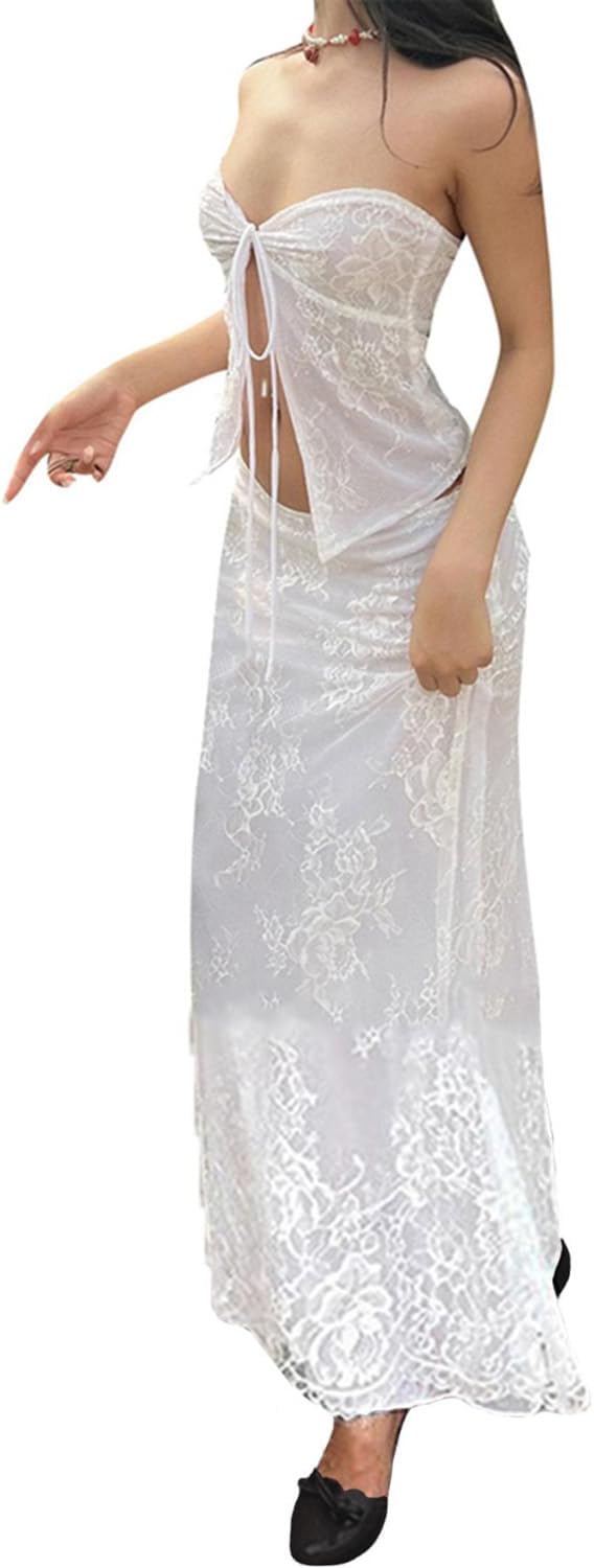 Set Gonne 2 Pezzi Per Donna - Top In Pizzo E Gonna Lunga A Vita Alta, Stile Y2K Anni 90