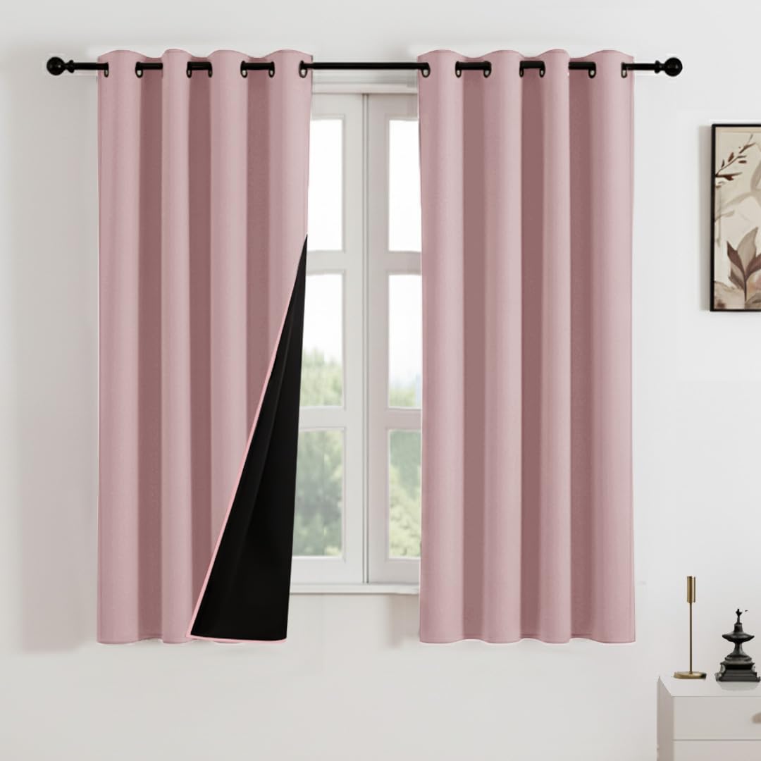 HOMEMONDE 100% True Blackout Curtains 5 Feet Long - Heavy Faux Silk Room Darkening Curtains with Black Backing, Room Privacy and Thermal Insulation Panels Pack of 6 - (60 Inch, Solid Pink)