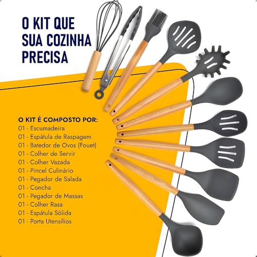 Kit- JOGO De 12 Peças - Utensílios De Cozinha Em Silicone E Cabo De Madeira Antiaderentes Premium Re