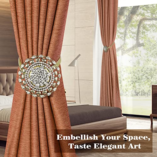 Shinowa 2-Pack Crystal Magnetic Curtain Tiebacks, Sparkling Flower Window Curtain Decorative Clips, Stretchy Spring Wire No Drilling Drapery Holdbacks Curtain Holders For Home Decor, Vintage Bronze #TOP1