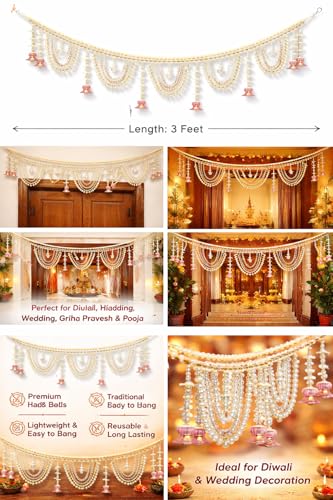 Image of Designer Pearl Beads Toran for Door | Pink Lotus Hanging Bandarwal | 3 Feet Length | Elegant Traditional Door & Pooja Decoration for Diwali, Wedding & Housewarming