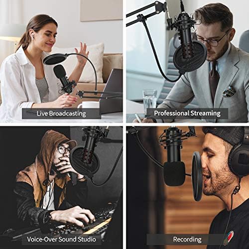 Mic Stand, Suspension Boom Scissor Arm Microphone Stand with Shock Mount, Pop Filter, Mic Clip, Screw Adapter Support Snowball for studio,podcasts,broadcasts