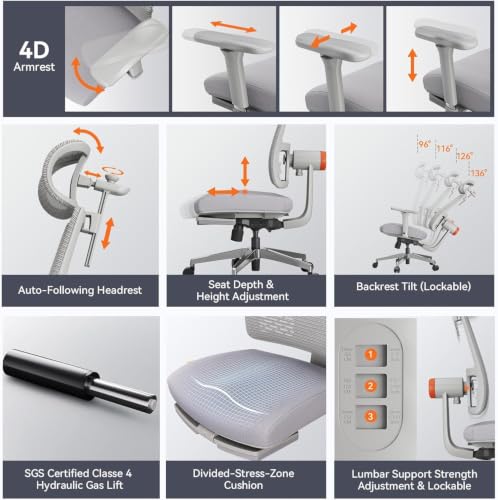 Image of DROGO Ergonomic Office Chair for Work from Home, High Back Computer Chair with Adaptive Lumbar Support, 4D Armrest, Tray, Recline, Adjustable Height & Headrest, Mesh Chair for Office /Home (Grey)