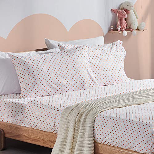 SLEEP ZONE Kids Printed Queen Bed Sheets Set 4-Piece - Super Soft & Cute Kids Sheet Set with Flat Sheet, Fitted Sheet, Pillowcase (Queen, Polka Dots Orange)