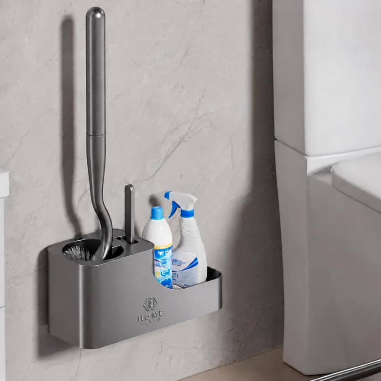 Wall Mounted Toilet Brush - No Drill, Grey -1