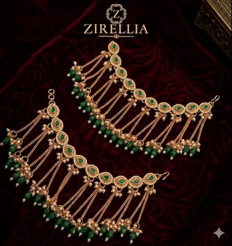 Image of Green Kundan Pearl Ear Chain for Women | Traditional Bridal Ear Accessory | Gold Plated Ethnic Side Jhumar Pair