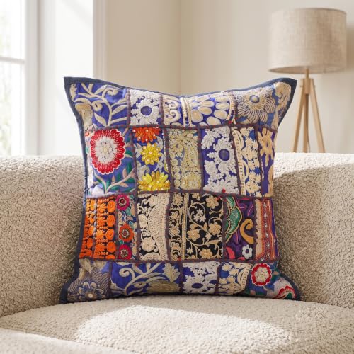 Image of Ravaiyaa - Attitude is everything Set of 5 Handmade Khambadiya Patchwork Cotton Cushion Cover 16X16 Inch | Decorative Cotton Throw Pillow Covers | Bohemian Vintage Embroidered Sofa Cushions