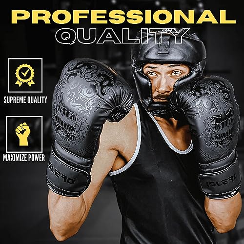 Islero Fitness Matte Black Boxing Gloves Men Punch Bag Women MMA Muay Thai Martial Arts Kick Boxing Sparring Training Fighting Gloves With Hand Wraps (Black - Image 2