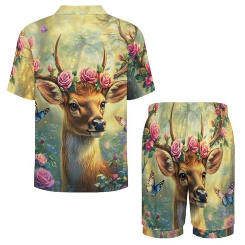 Deer Flowers Mens Pajamas Set Short Sleeve Sleepwear Summer Pjs Sets 2 Piece Loungewear Nightwear4