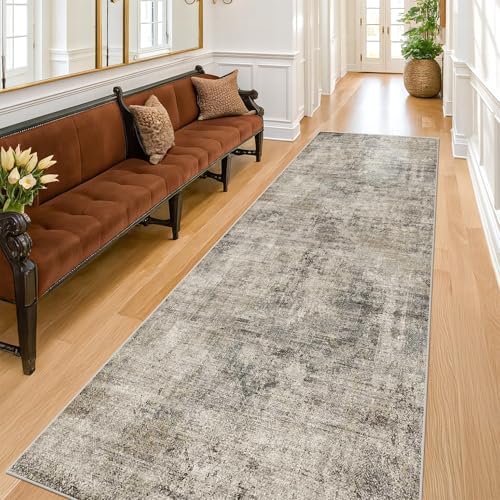 Washable 2x10 Long Runner Rug for Hallway, Taupe Brown 10ft Long Kitchen Rug, Non Slip Entryway Carpet with Rubber Backing, Stain Resistant Medallion Abstract Design, Distressed Design