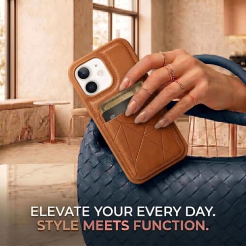 Image of amazon basics Premium Vegan Leather Back Cover with Card Holder and Integrated Mobile Stand for iPhone 11 - Slim Shockproof Wallet Case with Geometric Stitching [Tan]