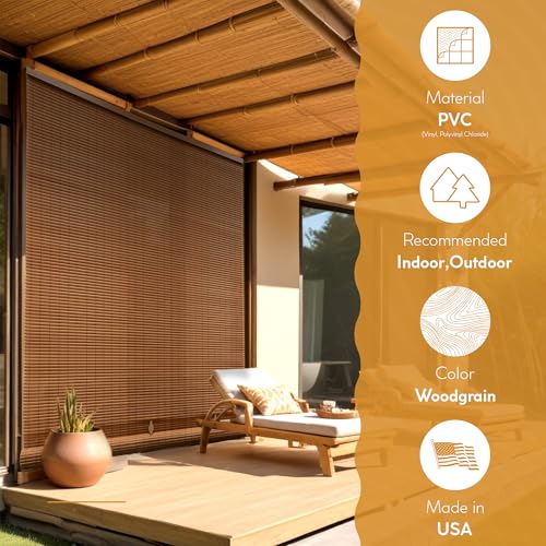 Radiance Blinds - Cordless Outdoor Shades - Outside Roll Up PVC Porch Blinds & Window Shades - Outdoor Roll Down Privacy Screen Sun Shade for Windows - Woodgrain, 60" W x 72" L, 3321256