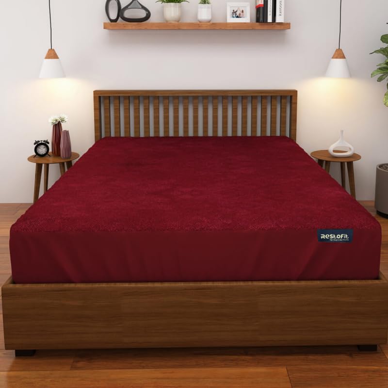 Restofit 100% Waterproof Mattress Protector, Premium Cotton 220 GSM, Soft & Breathable | 72x60 Inch Queen Size Bed Cover, Maroon | Protects Against Spills, Dust & Stains | Hypoallergenic & Durable