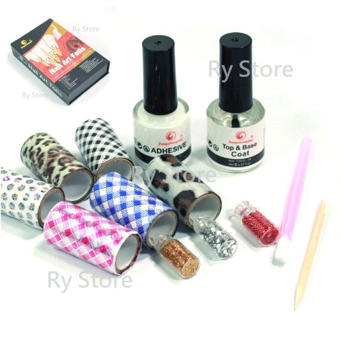 Professional 8 in 1 Fashion Design Transfer Foil Sticker Full Box Kit Foils with 8ml White Nail Art Tips Adhesive Glue Top Base Coat Creative DIY Set