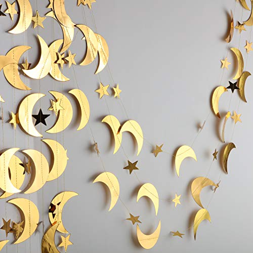 Glitter Star Moon Garland Banner Decoration, 130 Feet Gold Bright Star Moon Paper Garland Hanging Bunting Banner Backdrop For Graduation Class Congrats Grad Party Decoration #TOP2