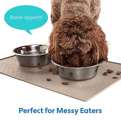 MIGHTY MONKEY Silicone Pet Feeding Mat, Waterproof Placemat for Dog and Cat Bowls, Raised Edges, Prevent Water Spills and Food Messes on Floor, Paw Print Tray Mats, Dishwasher Safe, 18x12, Beige