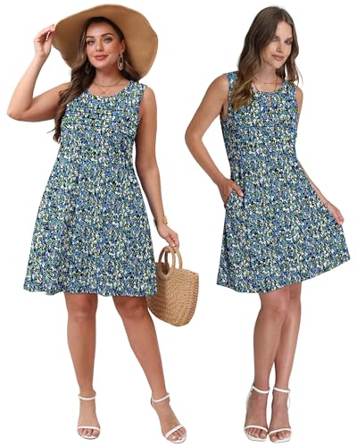 Image of OFEEFAN Womens Pleated Front Tank Dresses Fashion Spring Sleeveless Pockets Sundress Casual Summer