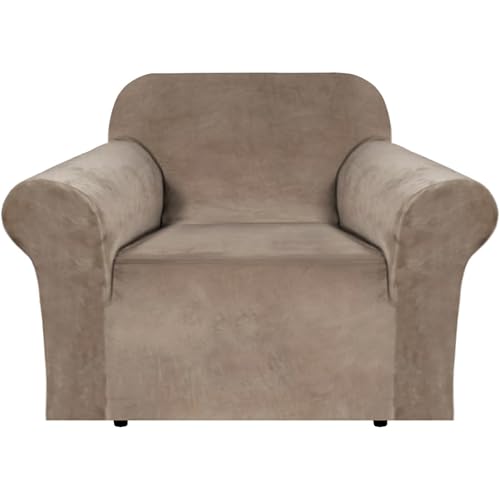 H.VERSAILTEX Stretch Velvet Armchair Cover Couch Covers 1 Cushion Chair Slipcover for Living Room Furniture Cover Crafted from Thick Comfy Rich Velour (Chair 31"-49", Camel)