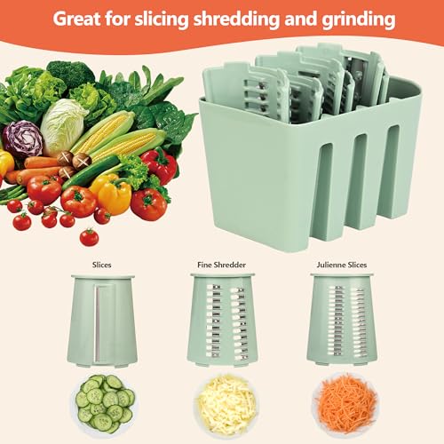 Image of Cheese Grater With Hand Crank Countertop For Kitchen，Grater Shredder With Handle For Kitchen Rotating，Vegetable Slicer，Nuts Grinder Cheese Shredder with Clean Brush(3 Blades Matcha Color)