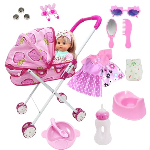 Masroo Baby Doll Stroller Toys Set with Baby-doll Bottle Toilet Doll-Accessories and Clothes Kid Stroller Toys for Girls Toddlers 3-5 4-6 5-7 Gifts for Pretend Play