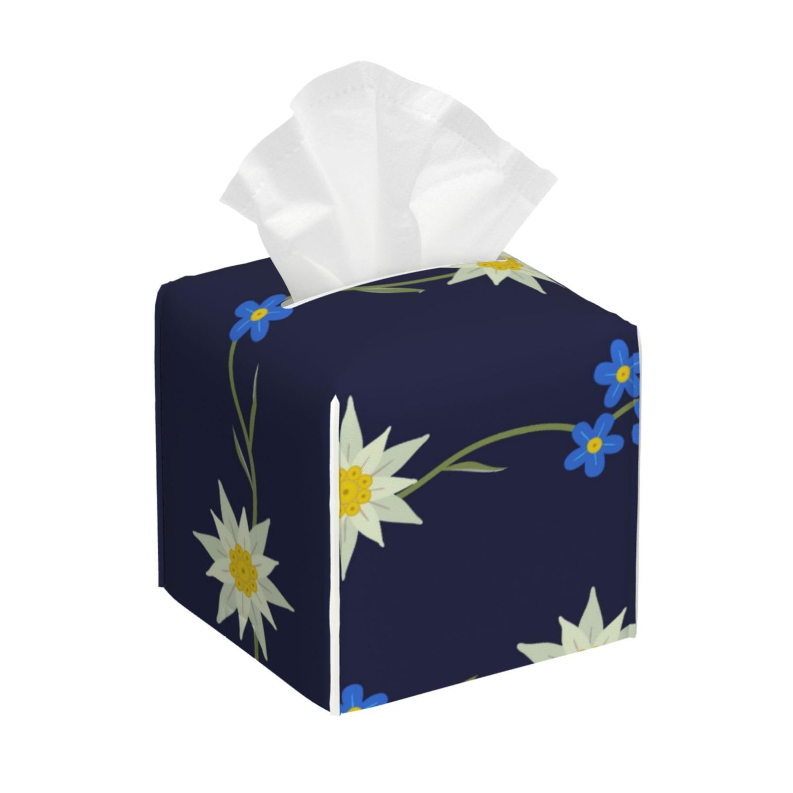Floral Hand Drawn Seamless Pattern with Edelweiss Flowers PVC Cube Tissue Pack for Home Office Bathroom Use