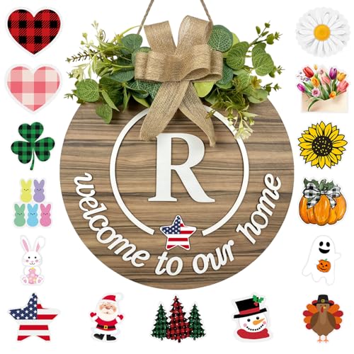 Interchangeable Seasonal Monogram Letter R Welcome Sign Front Door Decor Wooden Wreaths for Front Door Wreath Rustic Initial House Warming Porch Wall Home Decorations for All Seasons