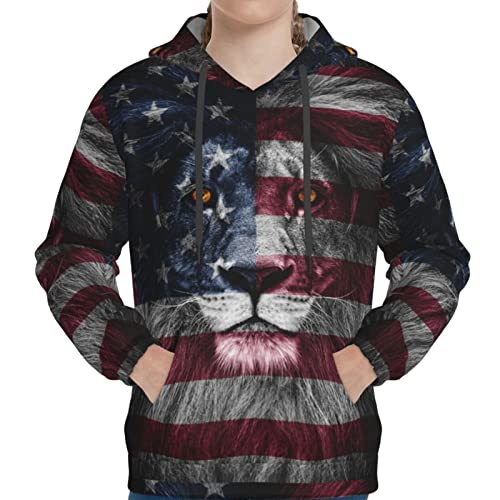 Auhomea Lion Usa Flag Boy's Sweatshirt, Fleece Hoodie, Cotton-Blend Hooded Sweatshirt Plush Pullover Hoodie,Medium Size #TOP3