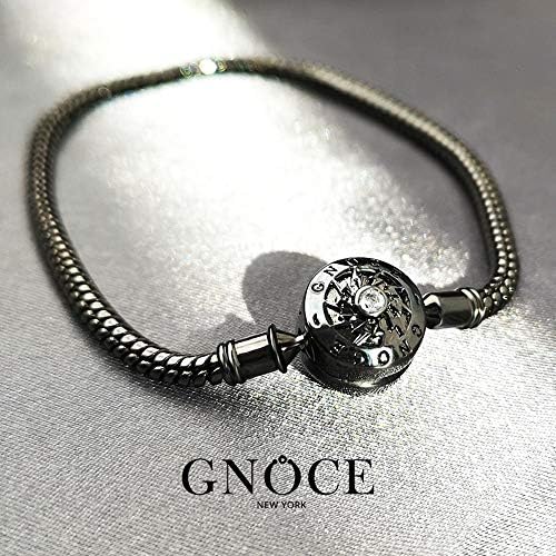 GNOCE Black Charm Bracelet 925 Sterling Silver Snake Chain Bracelet with Skull Charm Bead Safety Chain Basic Charm Bangle with Clasp