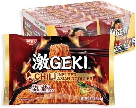 Nissin Geki Chili Infused Asian Noodles, Fiery Hot Chicken Flavor, 3.17 Ounce (Pack of 12)