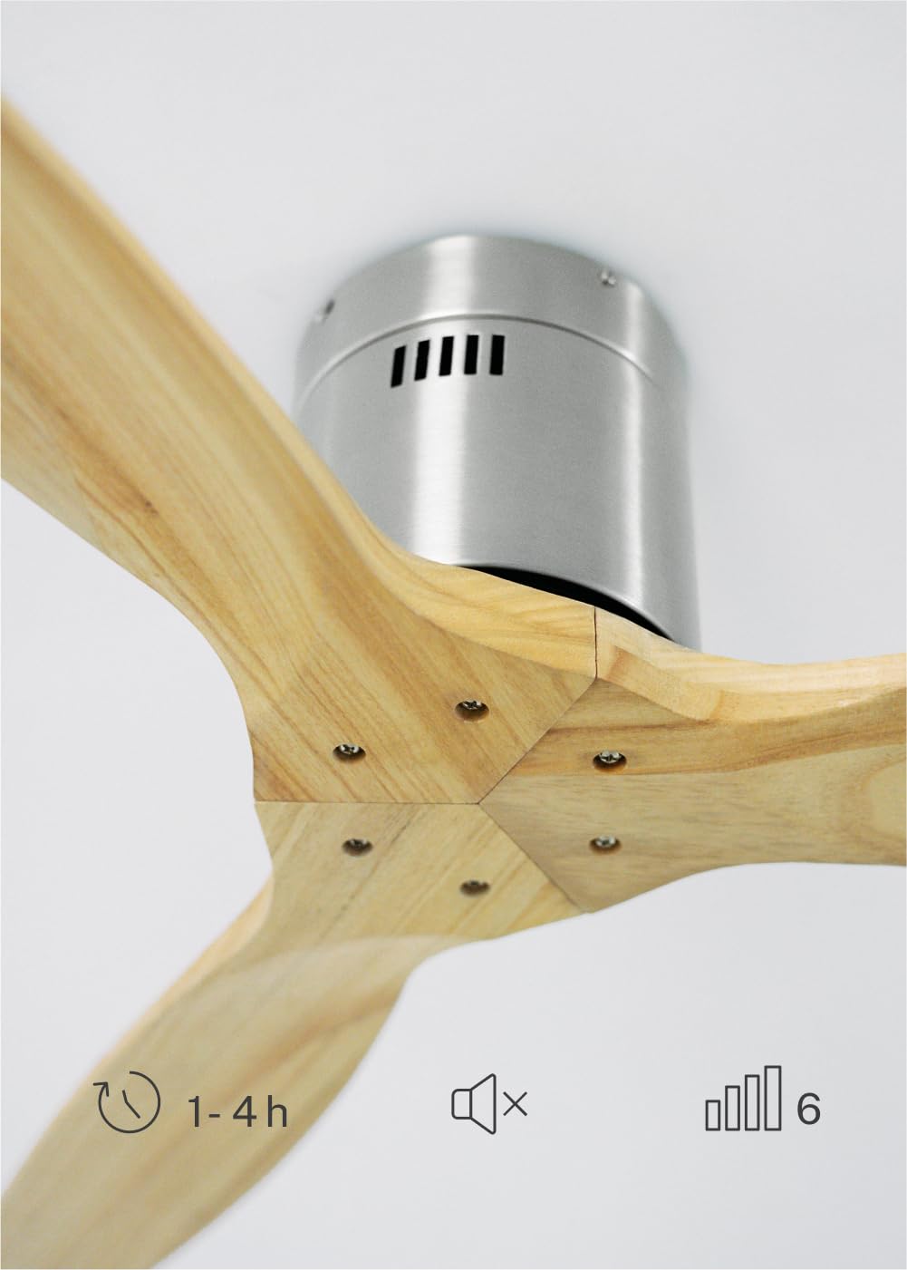 CREATE / WINDCALM NATURAL WOOD M/Ventilador de techo níquel aspas madera clara con controlador y mando / 40W, Temporizador, Ø132 cm, 6 velocidades, silencioso, función verano-invierno