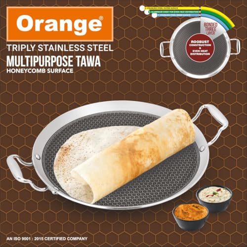 Image of Orange Triply Stainless Steel Round Multipurpose Tawa, 290 mm | Honeycomb Surface | 3.5 mm Heavy Thickness | Induction & Gas Compatible | Metal Spoon Friendly | Soft-Touch Handles | 5-Year Warranty