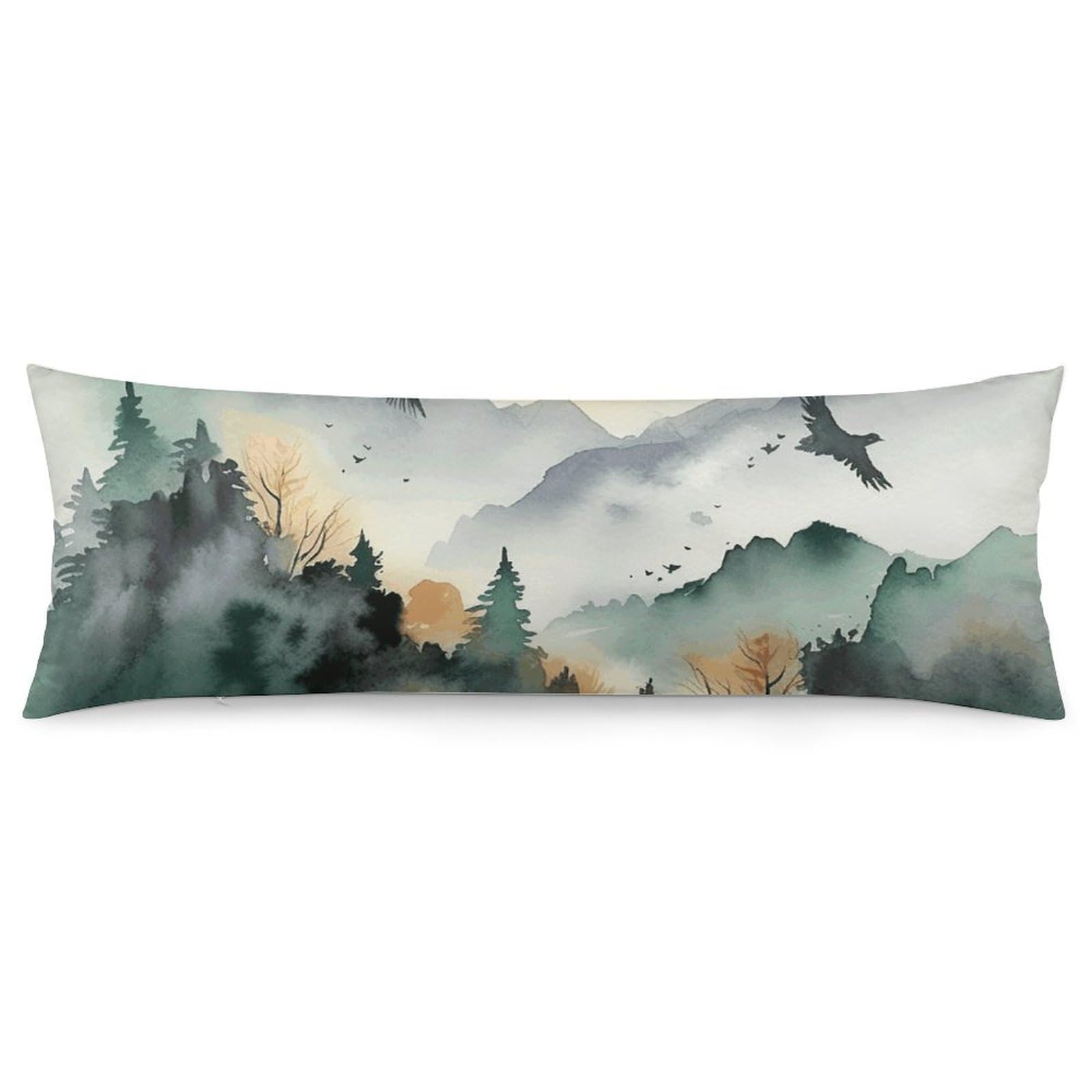 2 Pack Pillow Cases for Hair and Skin, Soft Breathable Pillow Case Covers with Hidden Zipper, Mountain Birds Watercolor Pillowcase 20"x54" Pillow Covers for Sleeping Gift