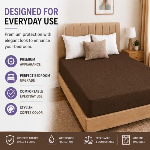 Image of Babylee 100% Waterproof King XL 78x72 Inch 6.5x6 Ft Fits Upto 10 Inch Mattress | Premium Terry Cotton Breathable Bed Protector | Mattress Cover for Double Bed | Coffee