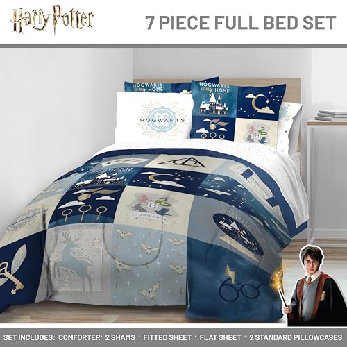 Image of Harry Potter Full Comforter Set 7 Piece Soft Hogwarts Bedding, Multi | Fantasy, Bed in a Bag, Comforter Sheets Shams Pillowcases, Official Product, Soft Microfiber, Machine Washable, Kids Gift
