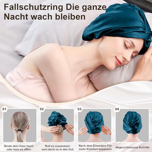 NEUJUS Seidenhaube zum Schlafen für gesunde Haare & lange Haare | Schlafhaube Seide verhindert Frizz, Haarbruch & Spliss | Silk Bonnet für Damen mit Locken & Haarhaube für die Nacht (Petrol)