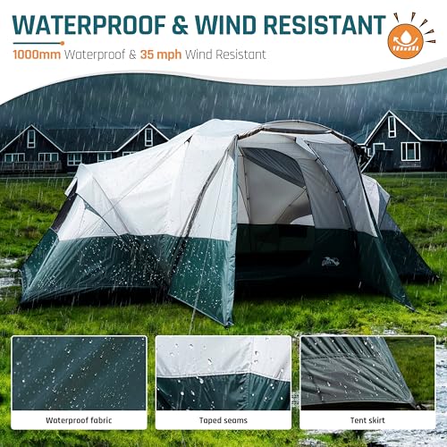 Image of 8 /10 /11 Person Camping Tent with Porch, Large Family Tents for Camping, PU1000MM Waterproof Tent with 5 Mesh Windows, Removable Rainfly, Reflective Windproof Rope, Big Dome Tent Fits 3 Queen Airbeds