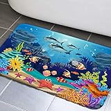 Ocean Fish Bathroom Rug for Kids, Underwater Sea Non Slip Bath Mat with Under The Sea Tropical Turtl