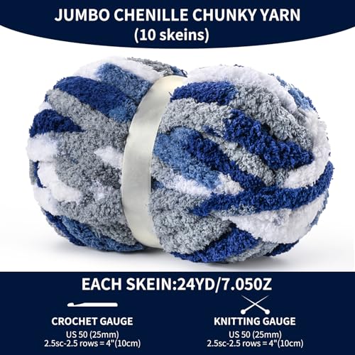 Image of 10 Pack Jumbo Chunky Yarn for Hand Knitting, Fluffy Variegated Chunky Chenille Yarn for Crocheting, 240yds /70.5oz Super Bulky Soft Crochet Baby Blanket Yarn(Blue-White)