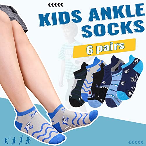Dosmart Kids Ankle Socks Boys Girls Anti Slip No Show Low Cut Funny Cartoon Novelty Cotton Socks With Grips 6 Pairs(Shark,6-8 Years) #TOP2