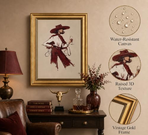 Image of Gold Framed 3D Textured Wall Art, Red Wine Cowgirl Canvas Prints, Modern Western Burgundy Fashion Pictures Decor, Vintage Editorial Cowgirl Artwork for Living Room Bedroom Entryway 16x24inch