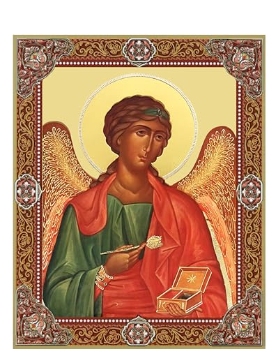 Needzo Archangel Saint St Raphael Icon The Healer Gold Foil Wooden Icon 4 3/4 Inch, Wall hanging With Stand